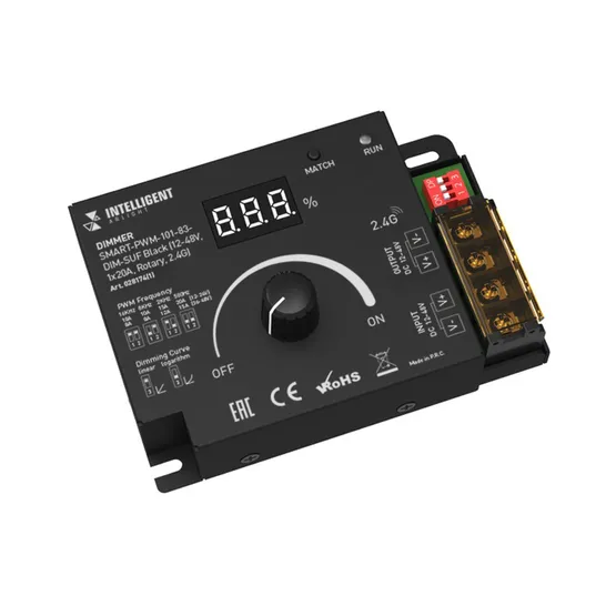 Фото товара INTELLIGENT ARLIGHT Диммер SMART-PWM-101-83-DIM-SUF Black (12-48V, 1x20A, Rotary, 2.4G) (IARL, IP20 Металл, 5 лет)