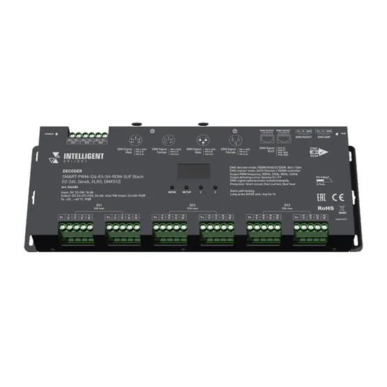 Фото товара INTELLIGENT ARLIGHT Декодер SMART-PWM-124-83-SH-RDM-SUF Black (12-24V, 24x4A, XLR3, DMX512) (Arlight, IP20 Металл, 5 лет)